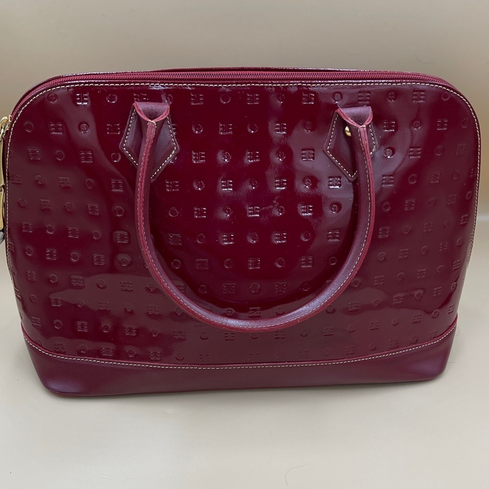 Arcadia Patent Leather Glossy Burgundy Dome Satchel Handbag Italian Luxury